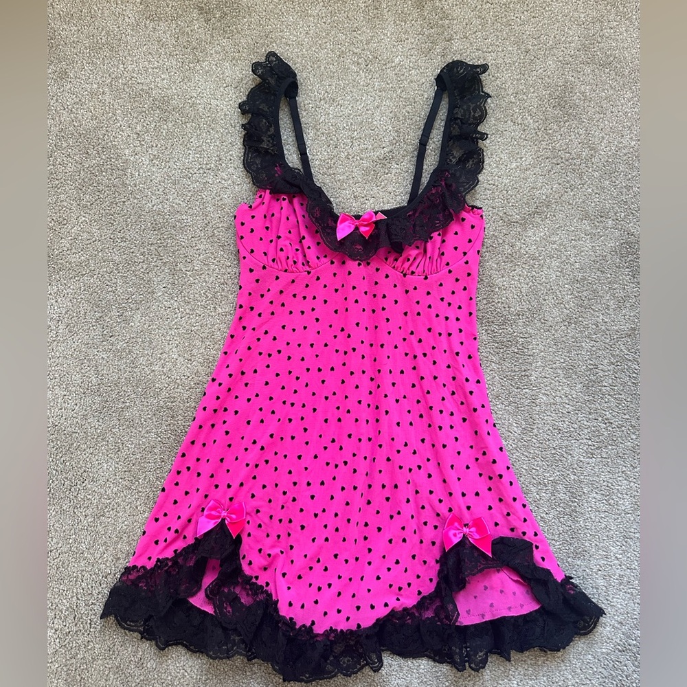 SeductiveWear By Cinema Vintage Pink Lace Hearts Bows Babydoll Slip Dress